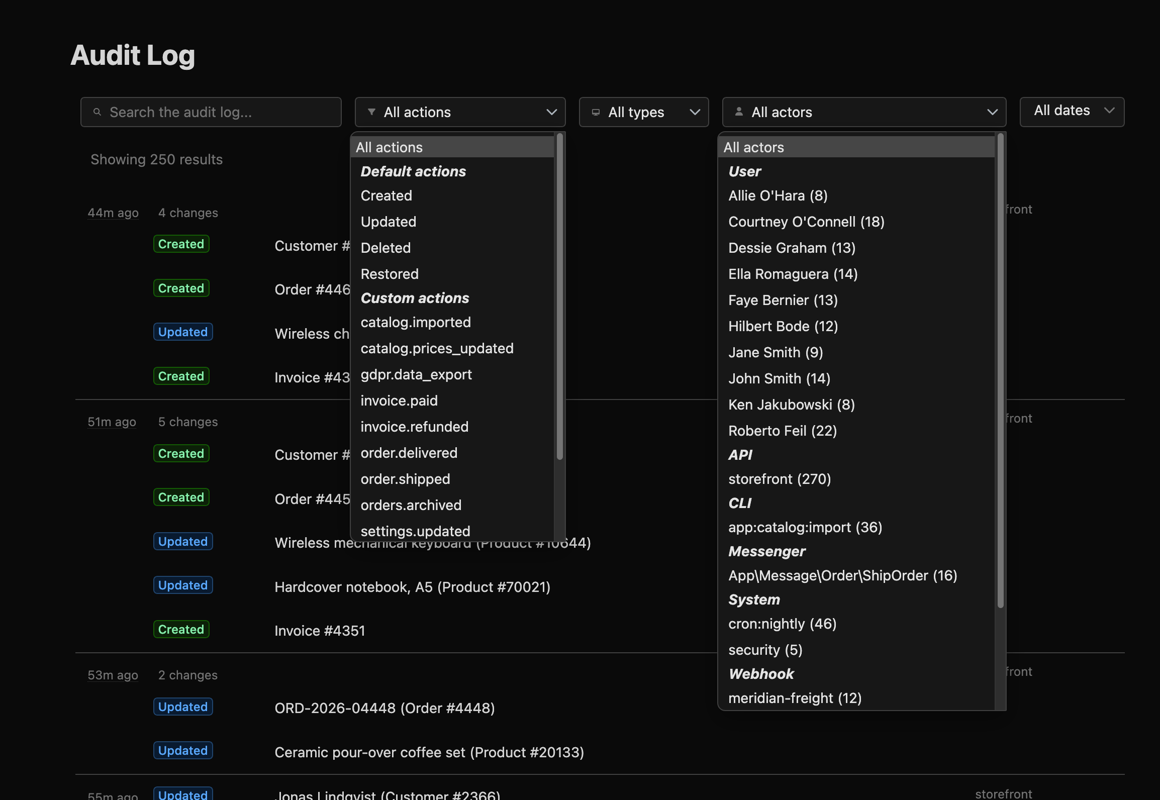 Zoom in on the filter bar of the audit log with two dropdowns open: the actions one lists the default actions (Created, Updated, Deleted, Restored) and custom ones like invoice.paid or order.shipped; the actors one groups them by type (User, API, CLI, Messenger, System, Webhook) with the number of entries of each actor