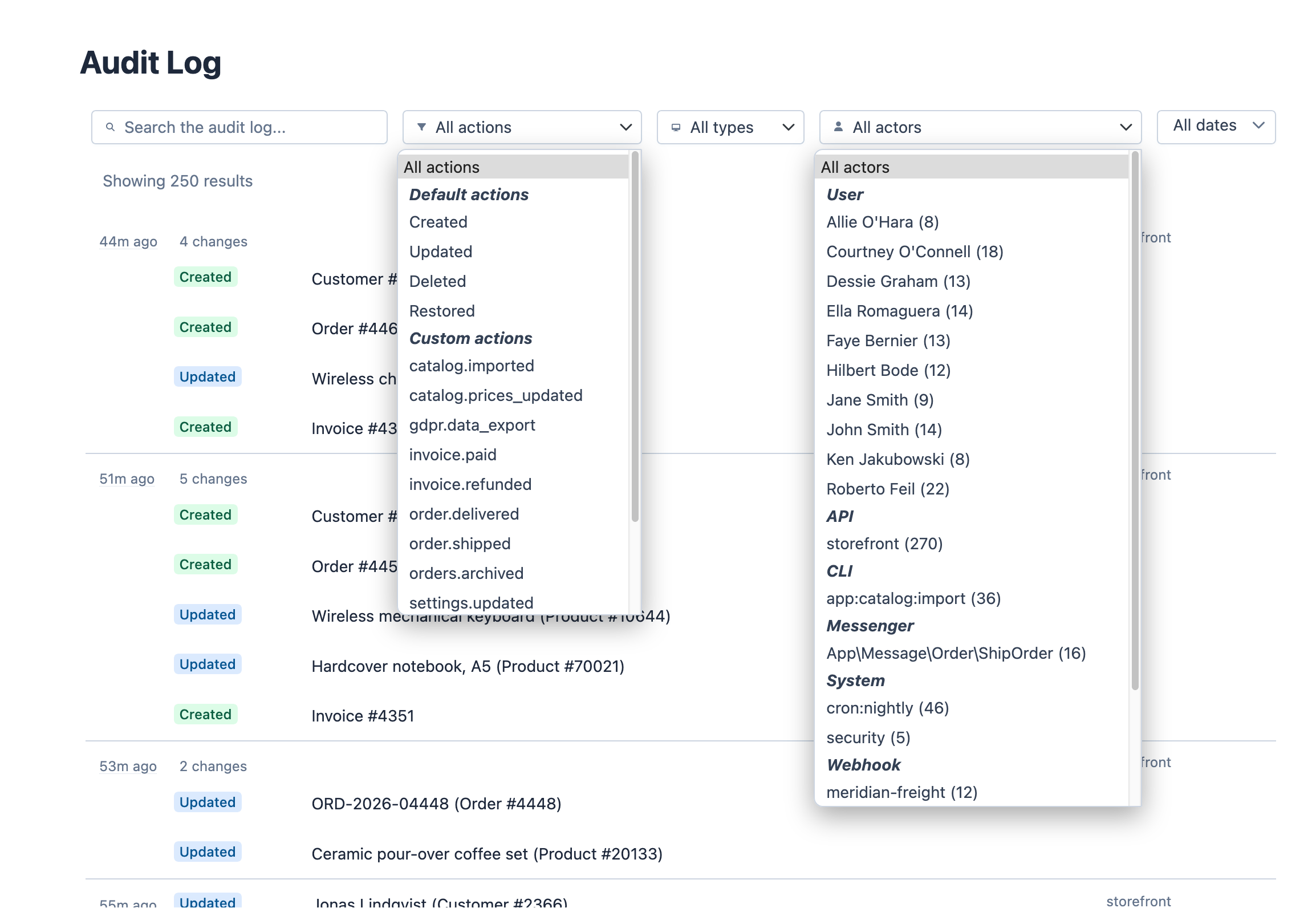 Zoom in on the filter bar of the audit log with two dropdowns open: the actions one lists the default actions (Created, Updated, Deleted, Restored) and custom ones like invoice.paid or order.shipped; the actors one groups them by type (User, API, CLI, Messenger, System, Webhook) with the number of entries of each actor