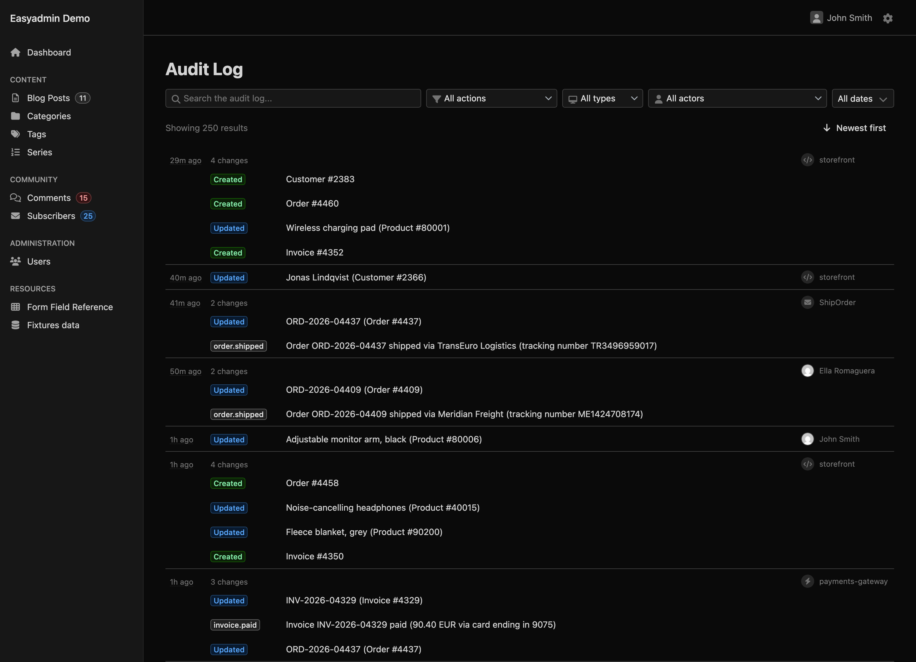 Audit Log page inside an EasyAdmin backend: a search box and filters for action, actor type, actor and date above a list of 250 entries grouped by change, each with a Created, Updated or custom action badge such as order.shipped, a description like Order #4460 or Invoice INV-2026-04329 paid, and the actor on the right (a user with avatar, the storefront API or the ShipOrder message)