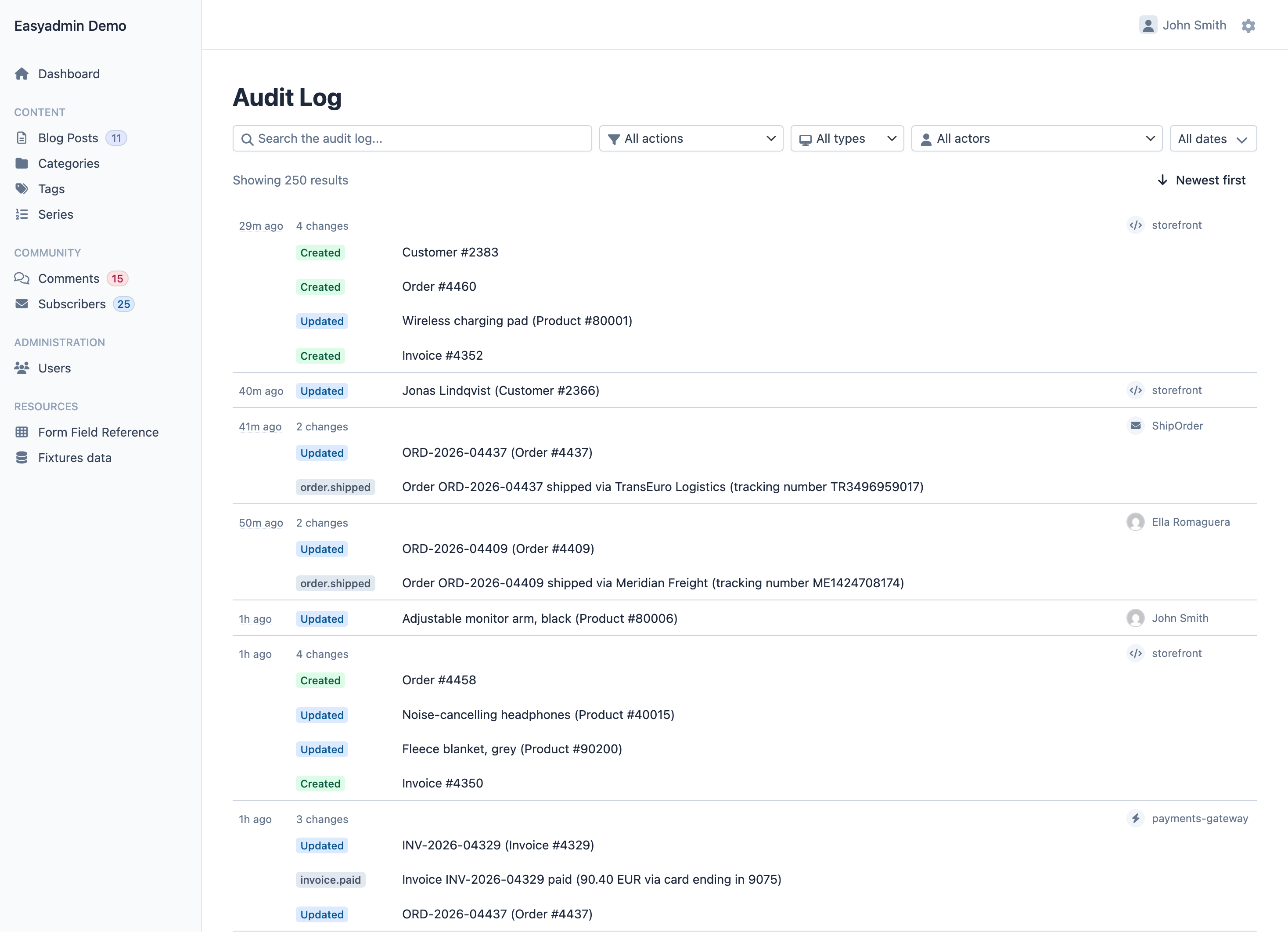 Audit Log page inside an EasyAdmin backend: a search box and filters for action, actor type, actor and date above a list of 250 entries grouped by change, each with a Created, Updated or custom action badge such as order.shipped, a description like Order #4460 or Invoice INV-2026-04329 paid, and the actor on the right (a user with avatar, the storefront API or the ShipOrder message)