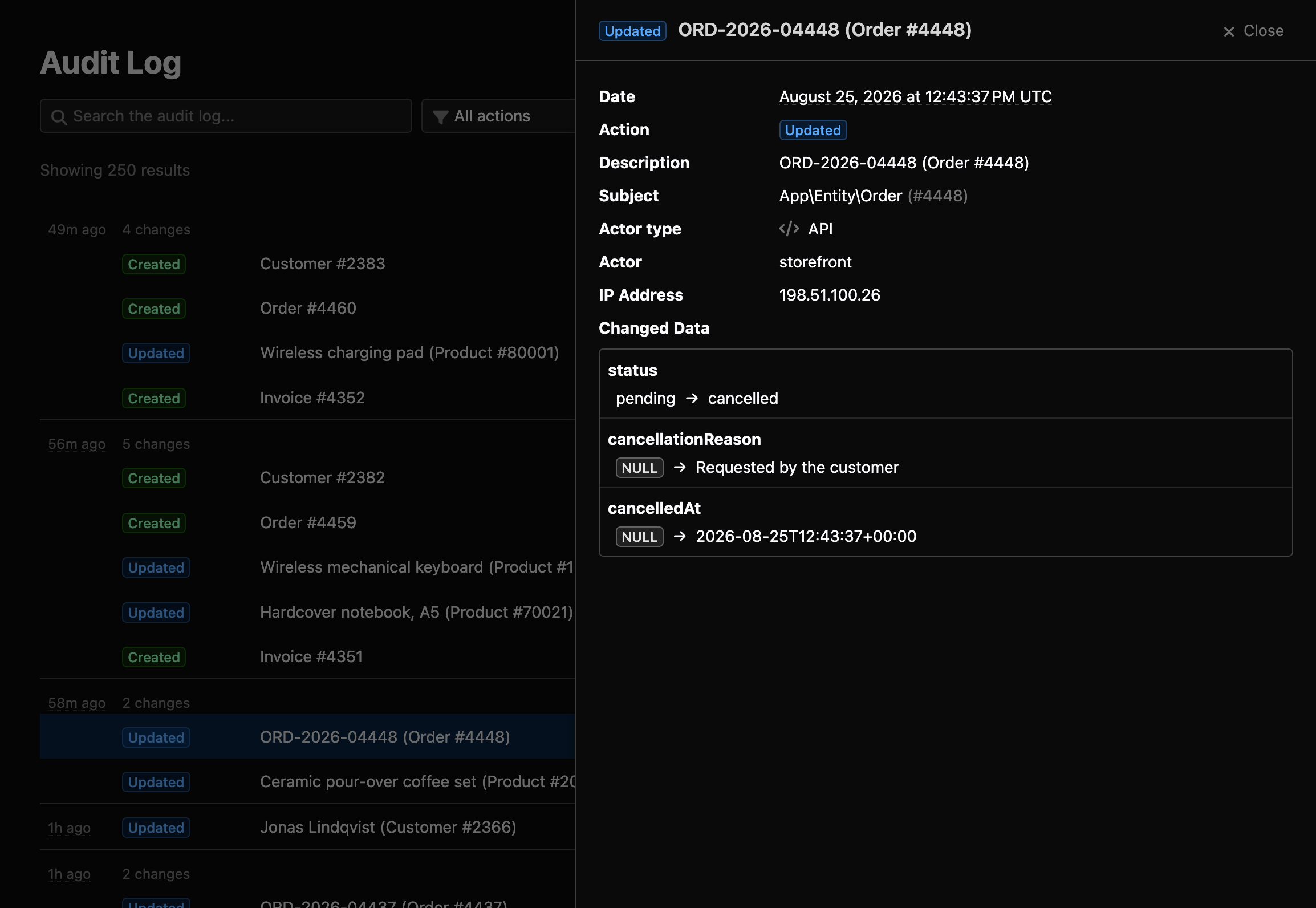 Zoom in on the side panel of an Updated entry for Order #4448: date, action, subject, actor type API, actor storefront and IP address, followed by the changed data with status going from pending to cancelled and cancellationReason and cancelledAt going from NULL to their new values