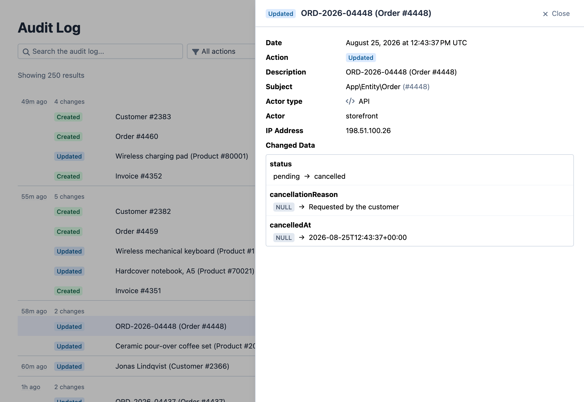 Zoom in on the side panel of an Updated entry for Order #4448: date, action, subject, actor type API, actor storefront and IP address, followed by the changed data with status going from pending to cancelled and cancellationReason and cancelledAt going from NULL to their new values