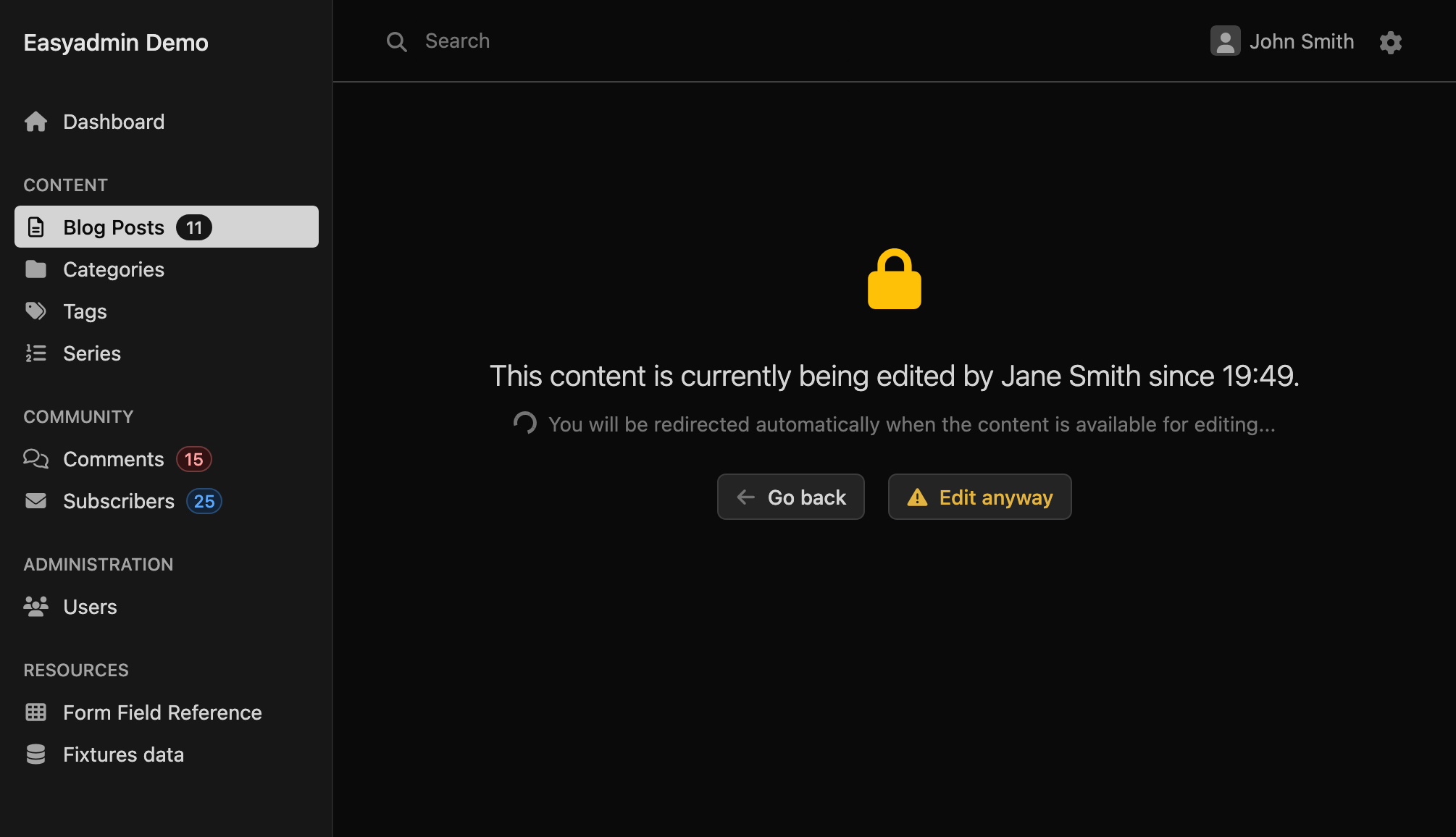 The locked page shown to a second editor: a lock icon, a message saying the content is being edited by Jane Smith since 19:49, a spinner announcing an automatic redirect when the content is available, and the Go back and Edit anyway buttons
