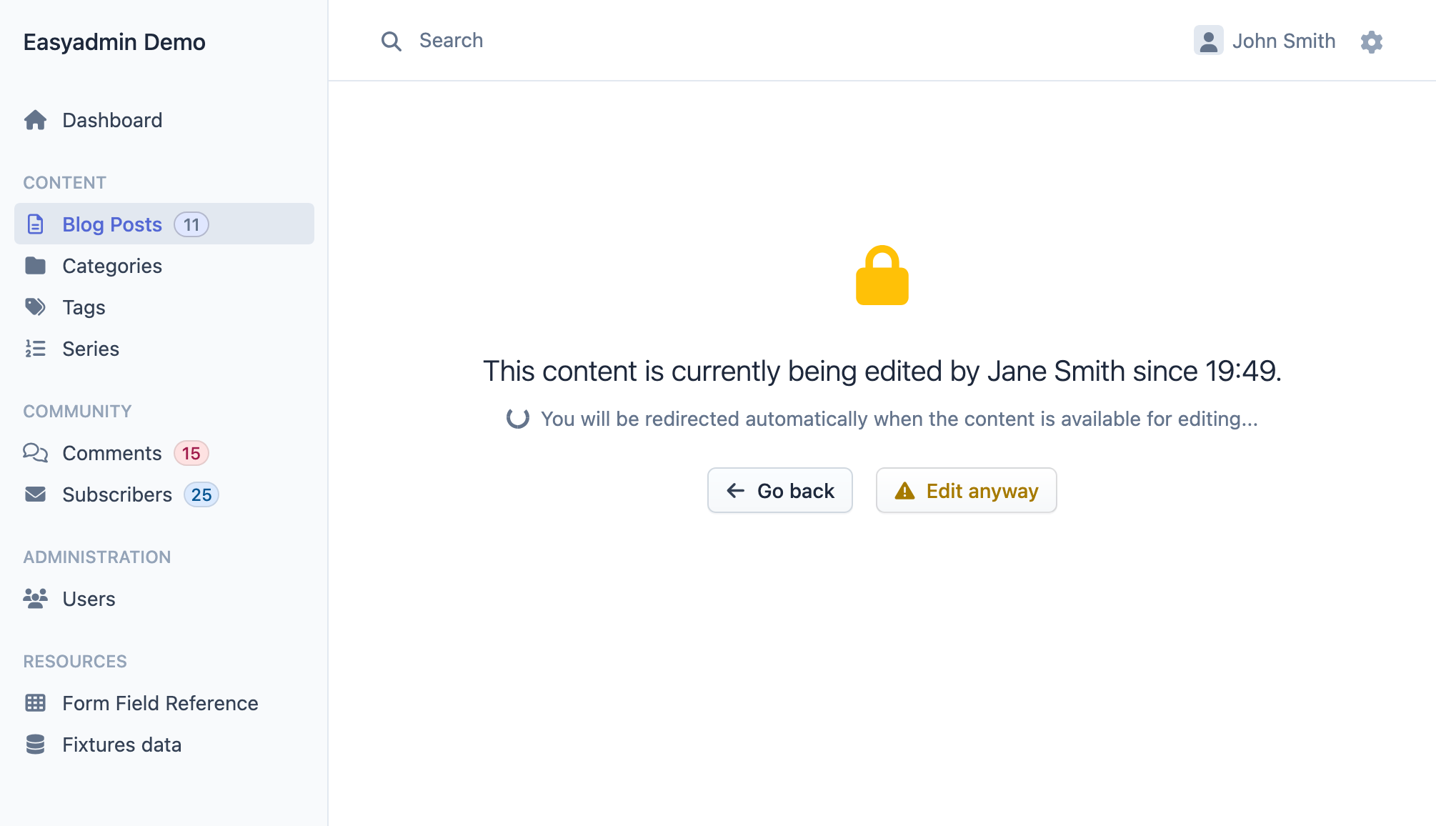 The locked page shown to a second editor: a lock icon, a message saying the content is being edited by Jane Smith since 19:49, a spinner announcing an automatic redirect when the content is available, and the Go back and Edit anyway buttons