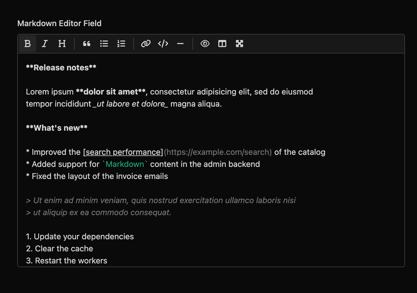 The Markdown editor field on an edit form: a toolbar with buttons for bold, italic, heading, quote, bullet and numbered lists, link, code, horizontal rule, preview, side-by-side and fullscreen, above the Markdown source of a release notes document