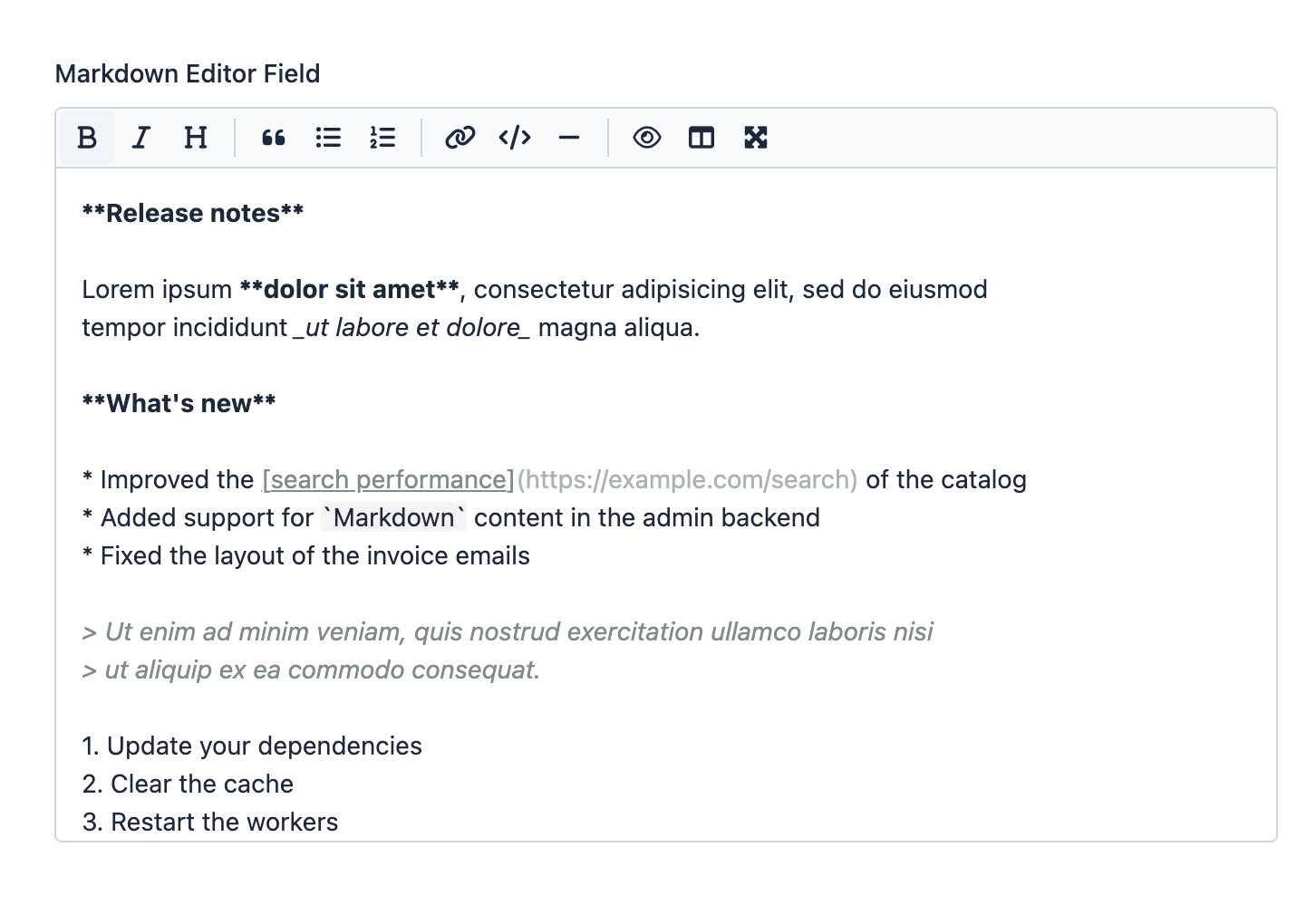 The Markdown editor field on an edit form: a toolbar with buttons for bold, italic, heading, quote, bullet and numbered lists, link, code, horizontal rule, preview, side-by-side and fullscreen, above the Markdown source of a release notes document
