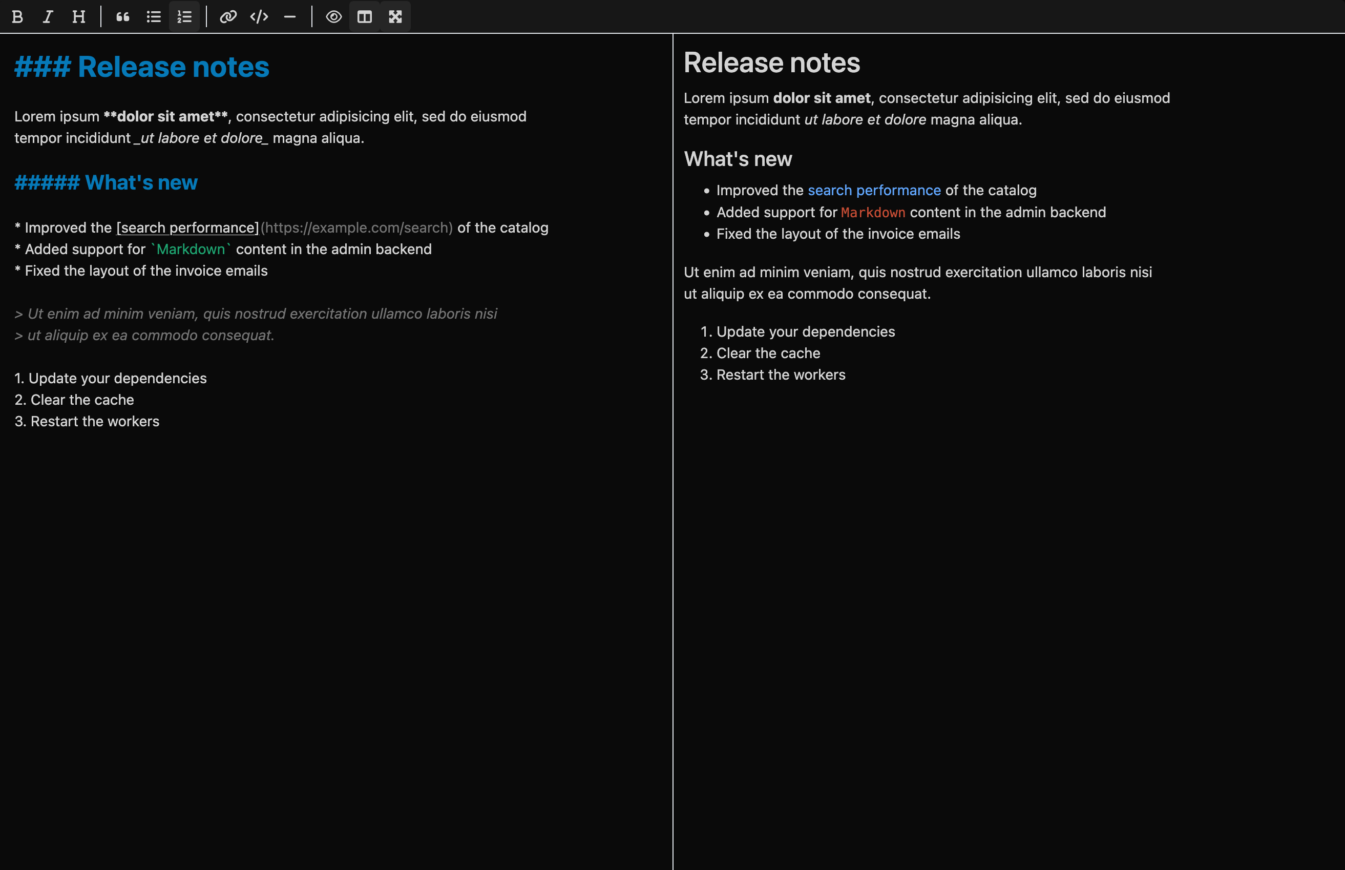 The Markdown editor in fullscreen side-by-side mode: a formatting toolbar on top, the Markdown source of a release notes document on the left (headings, bold and italic text, a link, inline code, a quote and lists) and the live preview rendering the same document on the right