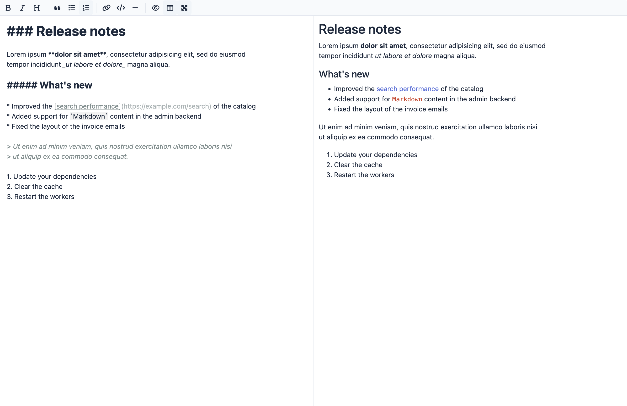 The Markdown editor in fullscreen side-by-side mode: a formatting toolbar on top, the Markdown source of a release notes document on the left (headings, bold and italic text, a link, inline code, a quote and lists) and the live preview rendering the same document on the right