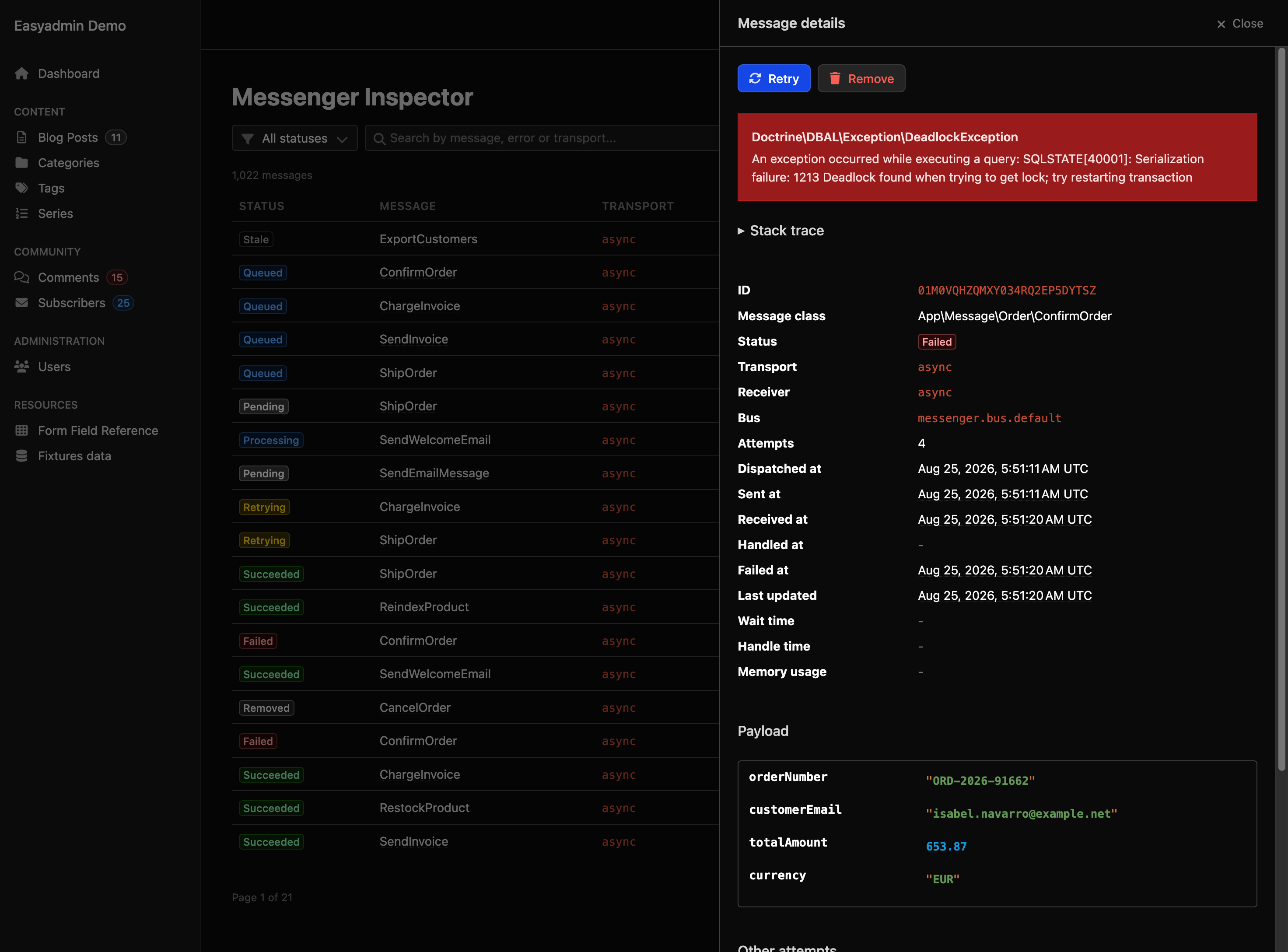 Zoom in on the side panel of a failed ConfirmOrder message: Retry and Remove buttons, a Doctrine deadlock exception message, a collapsed stack trace, and the message id, class, status, transport, receiver, bus, four attempts and the dispatch, send, receive and failure timestamps