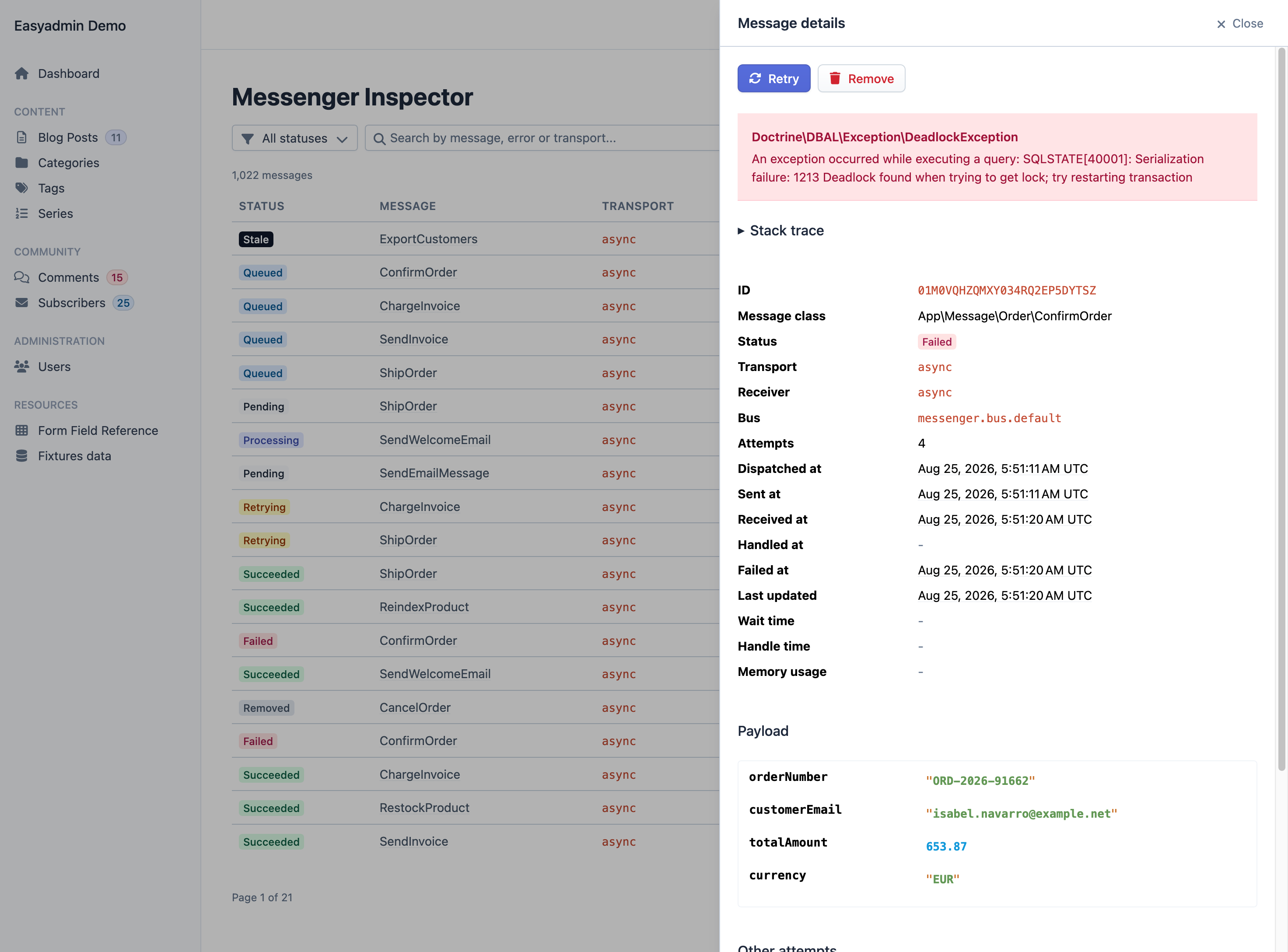 Zoom in on the side panel of a failed ConfirmOrder message: Retry and Remove buttons, a Doctrine deadlock exception message, a collapsed stack trace, and the message id, class, status, transport, receiver, bus, four attempts and the dispatch, send, receive and failure timestamps