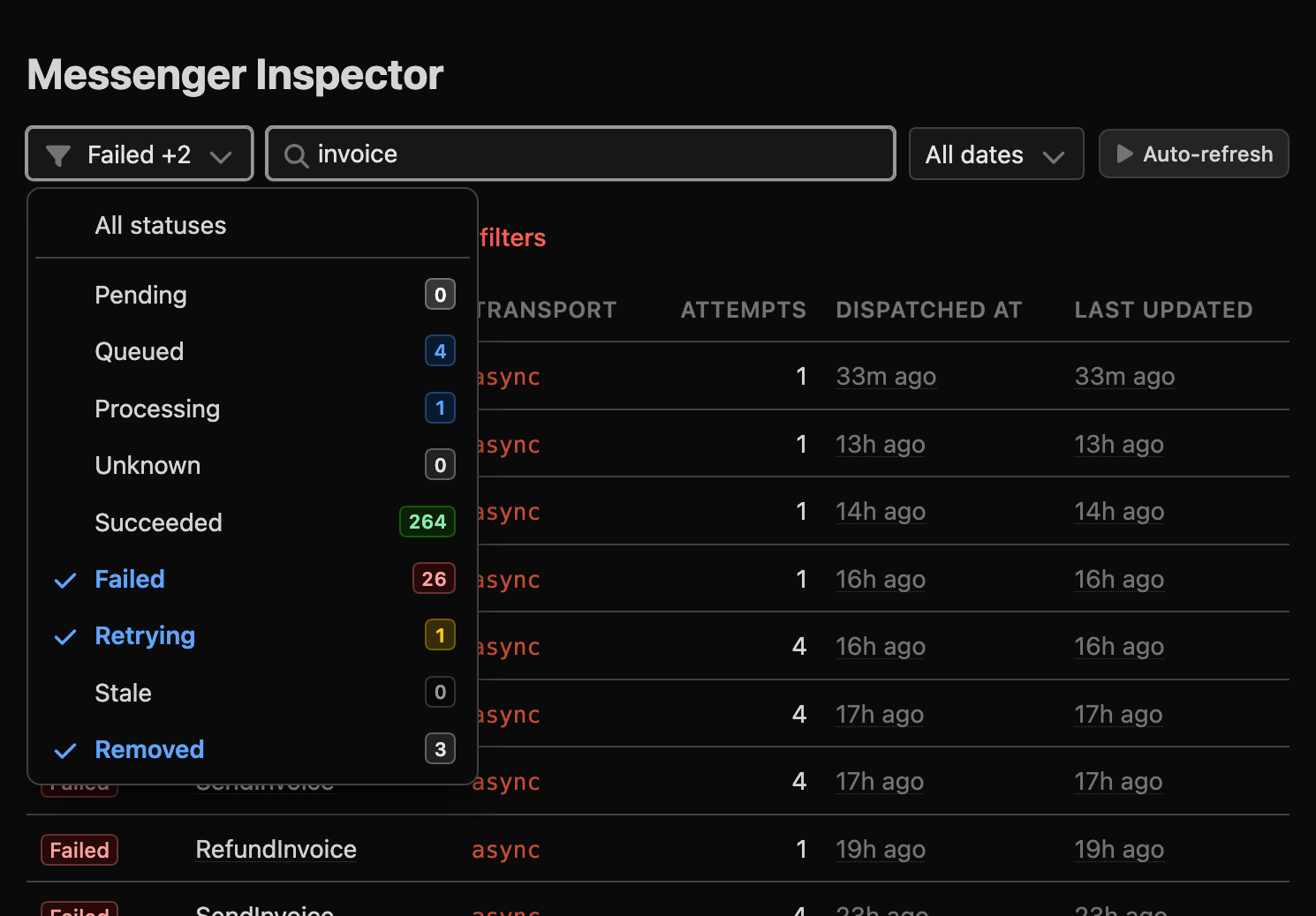 Zoom in on the filter row of the message list: the status dropdown is open with Failed, Retrying and Removed checked and shows the number of messages in each status (264 succeeded, 26 failed, 4 queued, 3 removed, 1 processing, 1 retrying), the search box contains the word invoice, and the date filter and auto-refresh button sit on the right
