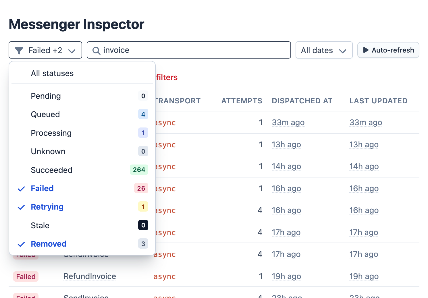 Zoom in on the filter row of the message list: the status dropdown is open with Failed, Retrying and Removed checked and shows the number of messages in each status (264 succeeded, 26 failed, 4 queued, 3 removed, 1 processing, 1 retrying), the search box contains the word invoice, and the date filter and auto-refresh button sit on the right