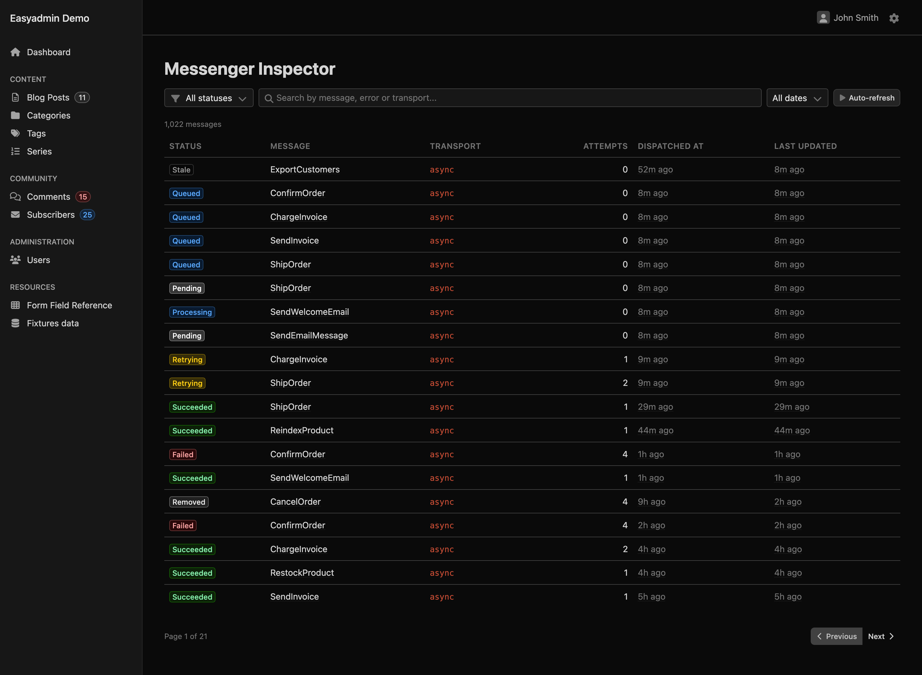 Messenger Inspector page inside an EasyAdmin backend: a status filter, a search box, a date filter and an auto-refresh button above a table of 1,022 messages with their status badge (stale, queued, pending, processing, retrying, succeeded, failed, removed), message class, transport, attempts, dispatched and last updated times