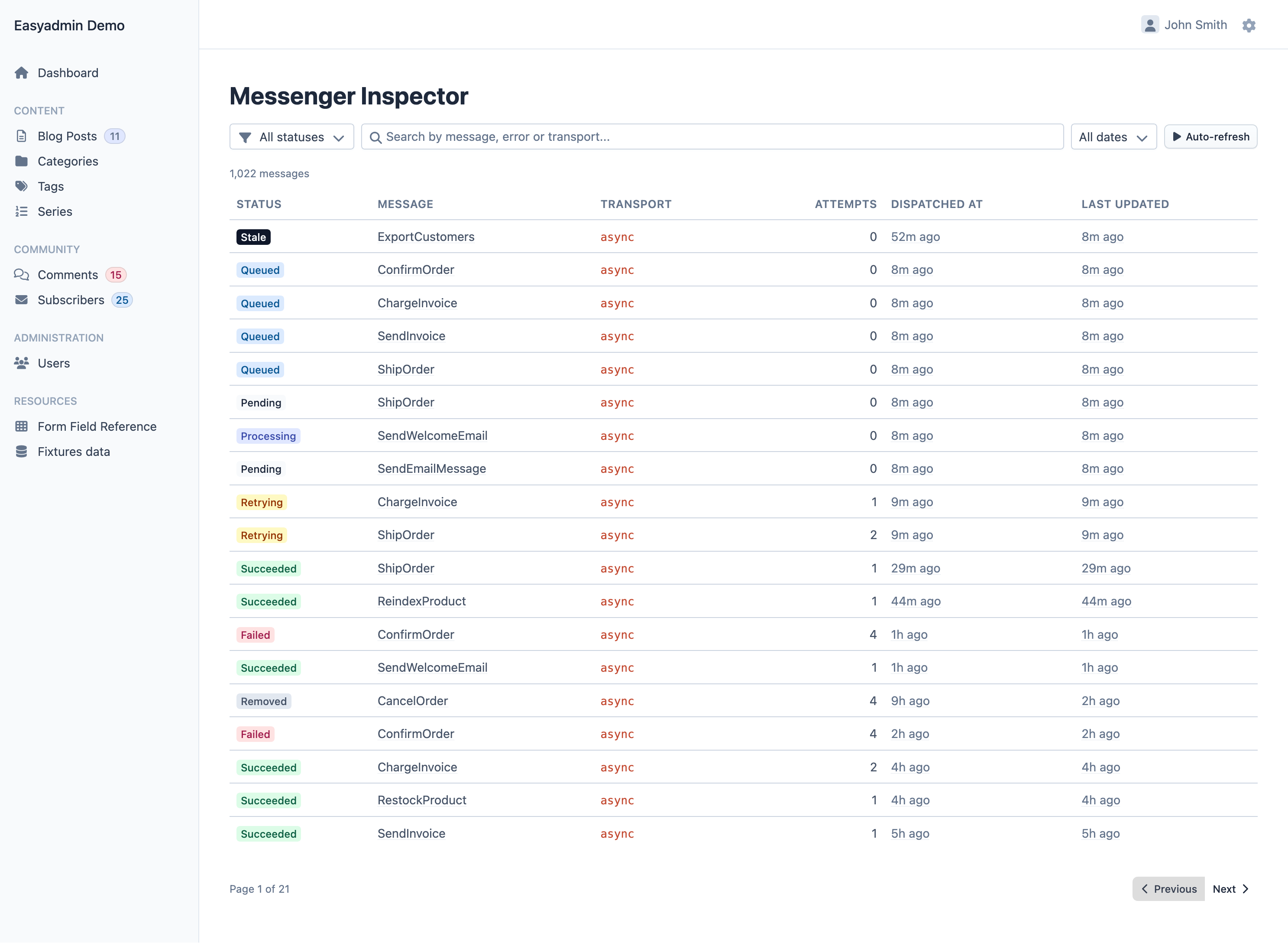 Messenger Inspector page inside an EasyAdmin backend: a status filter, a search box, a date filter and an auto-refresh button above a table of 1,022 messages with their status badge (stale, queued, pending, processing, retrying, succeeded, failed, removed), message class, transport, attempts, dispatched and last updated times